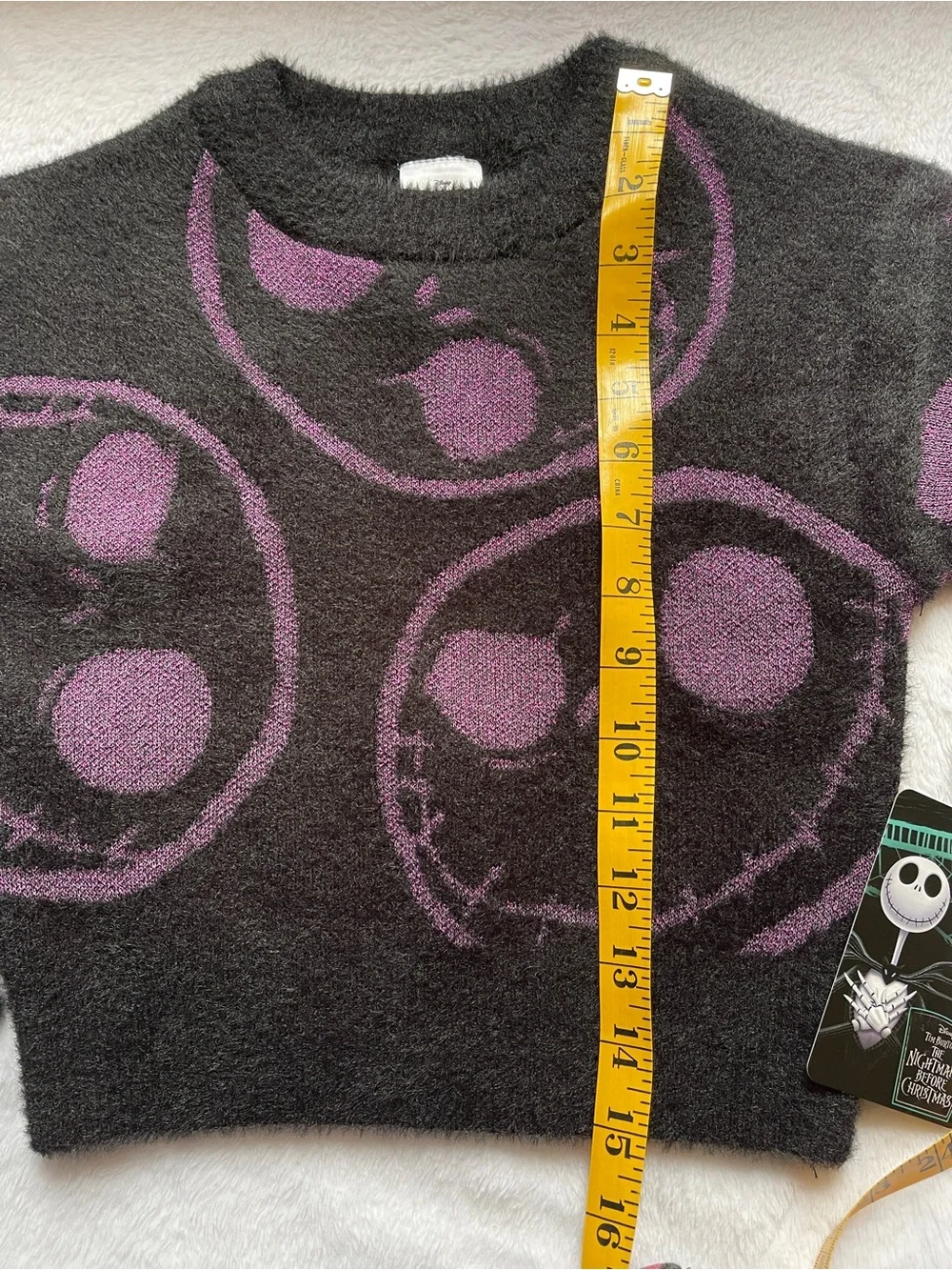 New Halloween Disney Skull Graphic Fuzzy Crewneck Sweater Black Purple S (6/6X)